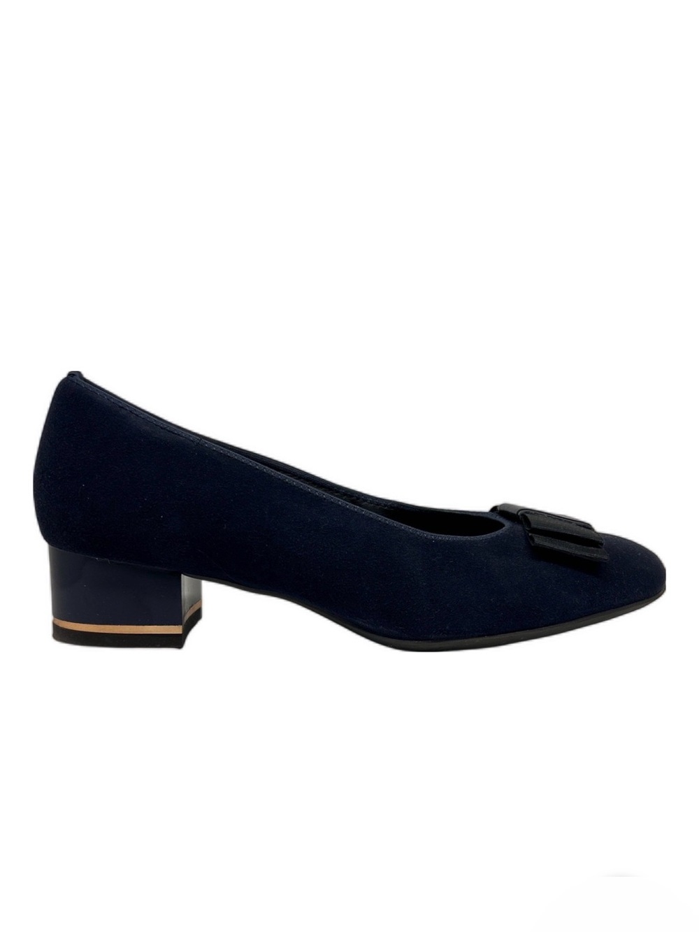 Ara Navy Suede Low Block Heel Pump with Bow Accent